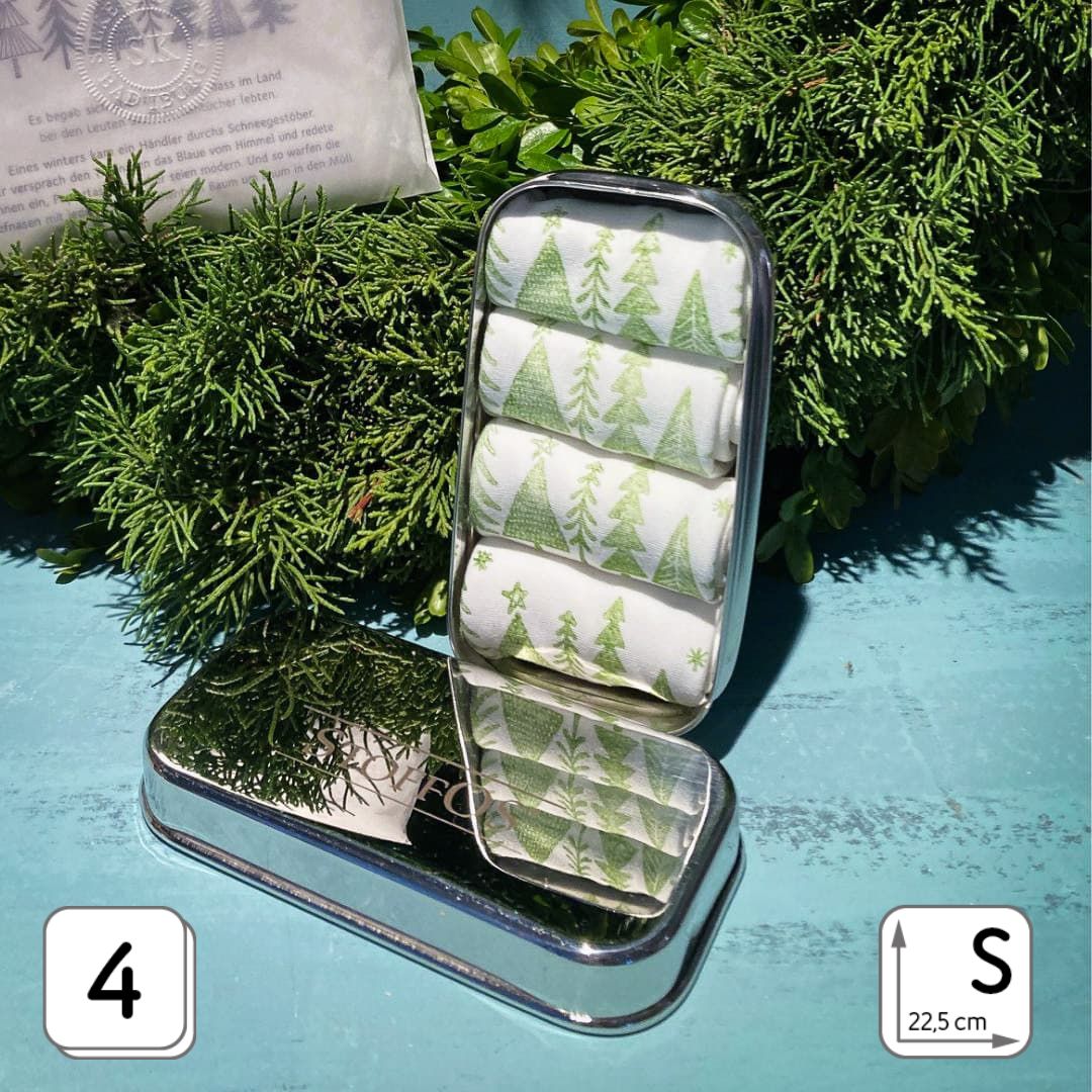 Stofftaschentücher HANDBEDRUCKT Motiv Wintertannen in Edelstahl Tiny Box