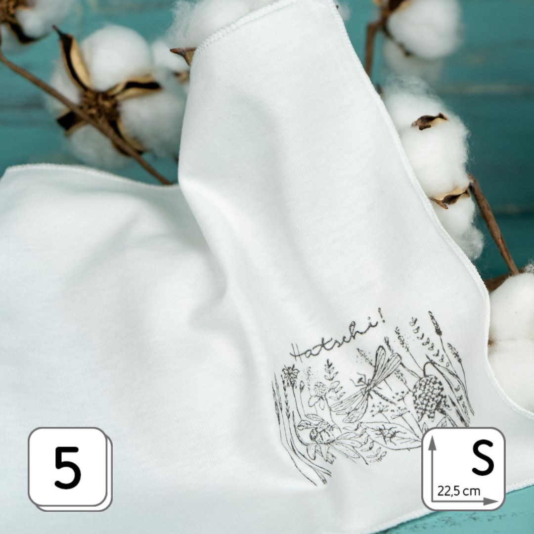 Handkerchiefs HANDPRINTED Set of 5, 22.5 x 22.5 cm, motif Hatschi organic cotton
