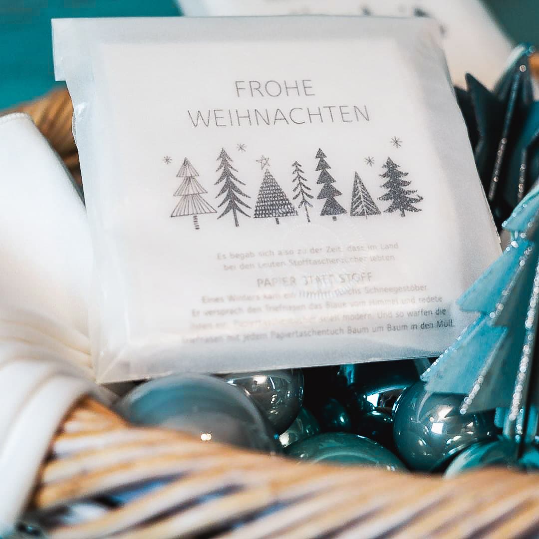 Text des Wintermärchens, Teil 1 Vorne Es begab sich aber zu der Zeit, dass im Land bei den Leuten Stofftaschentücher lebten. Eines winters kam ein Händler durchs Schneegestöber. Er versprach den Triefnasen das Blaue vom Himmel und redete ihnen ein, Papiertaschentücher seien modern. Von da an warfen die Triefnasen mit jedem Papiertaschentuch Baum um Baum in den Müll.