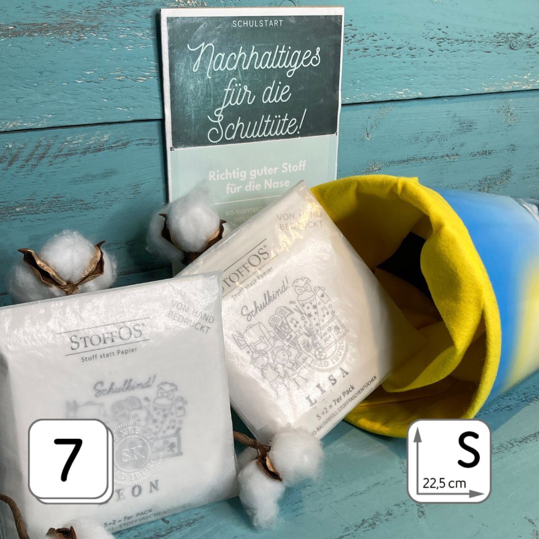 Kinderstofftaschentücher Schulkind HANDBEDRUCKT mit VORNAME 2+5=7er-Set BioBaumwolle
