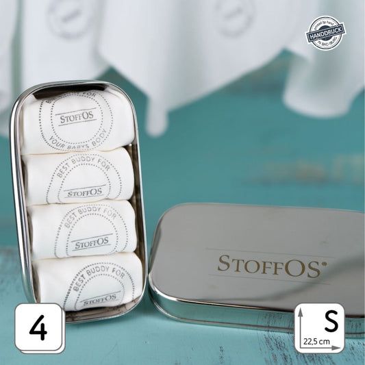 Edelstahlbox 4 x 6 x 12 cm gefüllt mit weißen StoffOS Bedruckt mit einem runden Signet, außen steht: BEST BUDDY FOR YOUR BABYS BOD