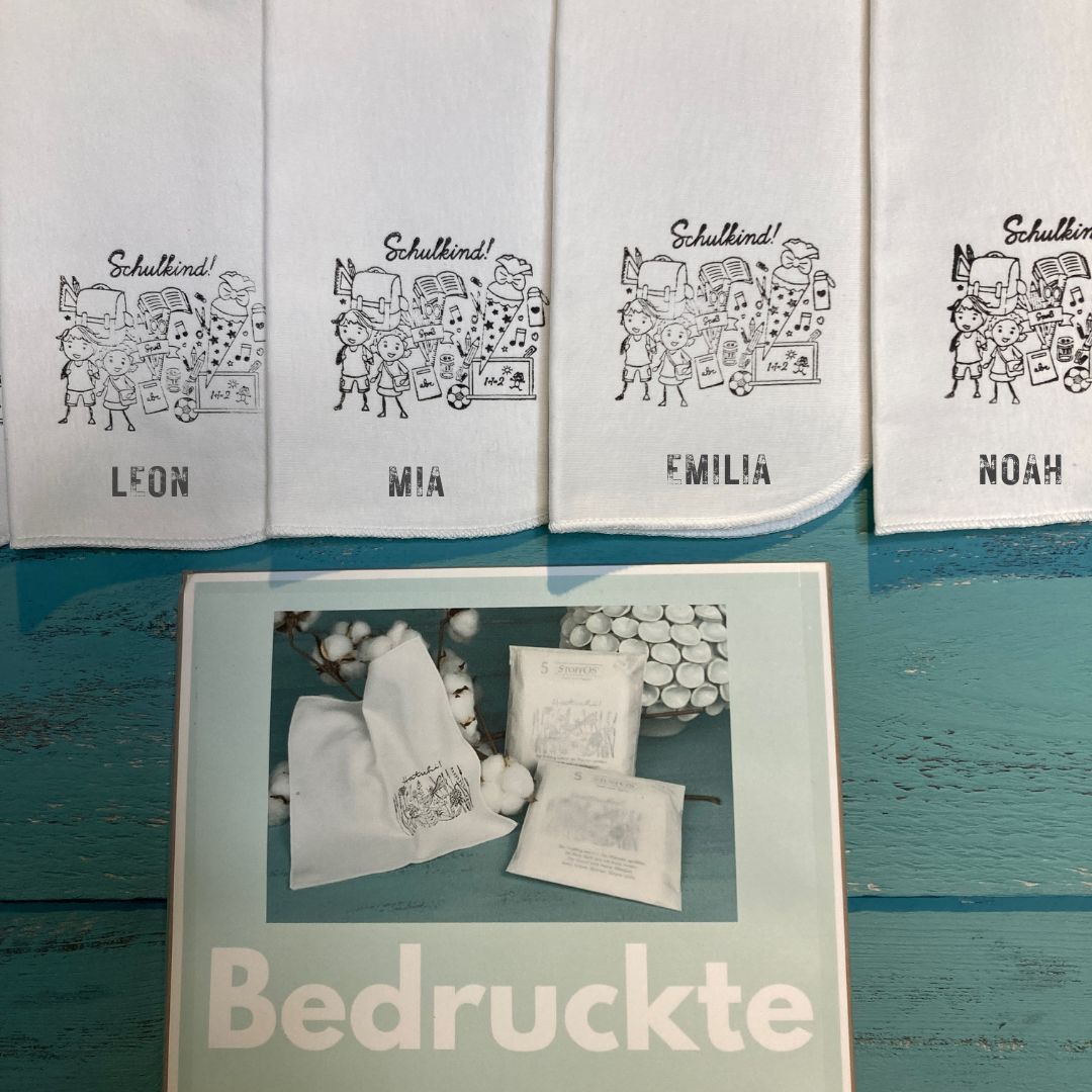 Kinderstofftaschentücher Schulkind HANDBEDRUCKT mit VORNAME 2+5=7er-Set BioBaumwolle
