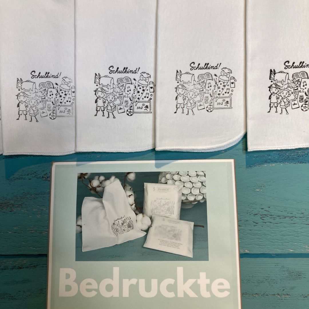 Kinderstofftaschentücher Schulkind HANDBEDRUCKT 2+5=7er-Set BioBaumwolle