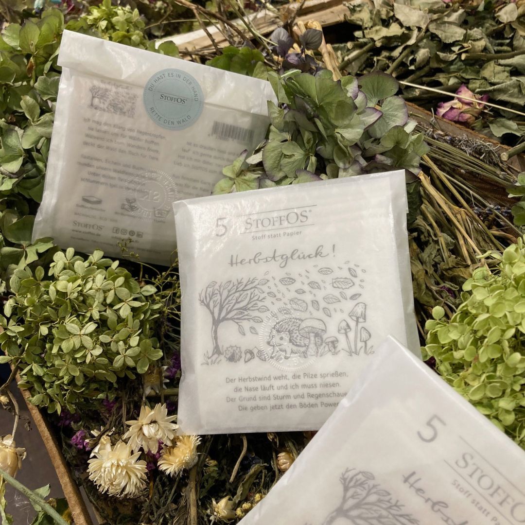 Stofftaschentücher, weiß, 5er Pack Verpackungsmotiv HERBSTGLÜCK BioBW Jersey Fünf StoffOS mit dem Herbstglück Motiv auf der Verpackung in kieselgrau liegen in einer Pergamintüte verpackt zu dritt mitten in einem Herbsttrockenbett mit Astern. Das Bild des Verpackungsmotivs hat Nele Jamin von mach-werk aus der Igelperspektive gezeichnet. Links biegt sich ein Baum im Sturm, Blätter wehen durch die Luft. Am Boden die üblichen Herbstgefährten: Kastanien, Eicheln, Pilze und ein Igel.