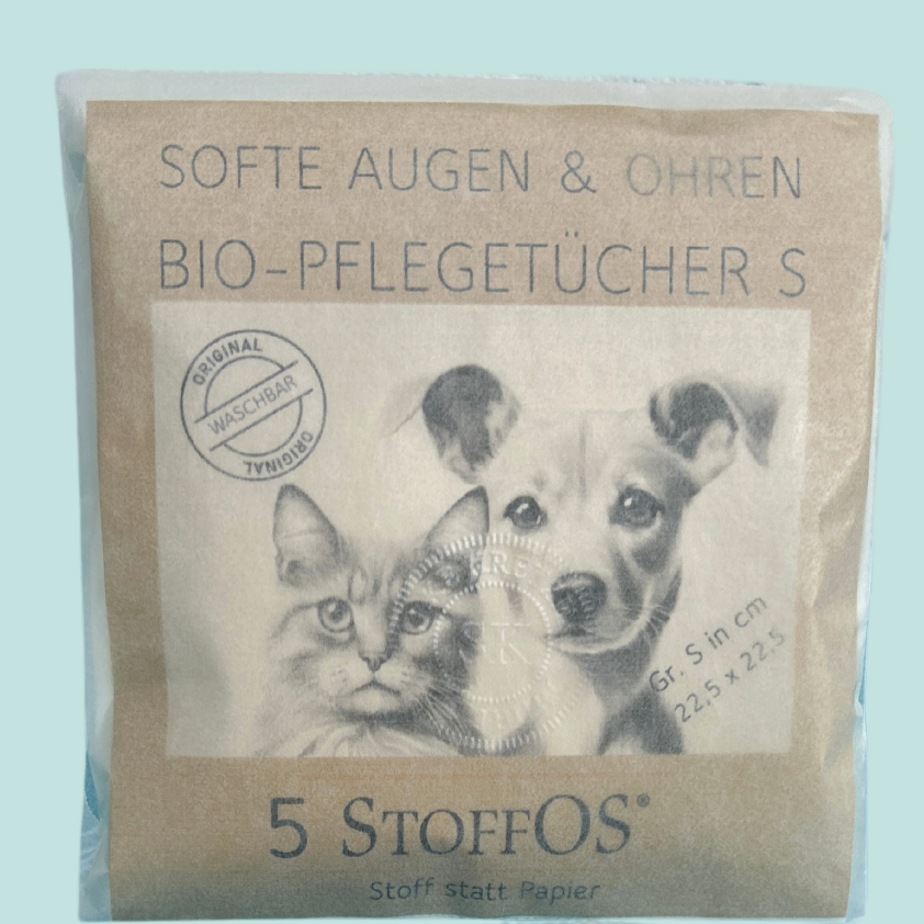 5er Pergamintüte gefüllt mit 5 Bio-Pflegetüchern Größe S 22,5 x 22,5 cm. Auf der Verpackung sind ein Kopf einer Katze und eines Hundes dargestellt als schwarz weiß Zeichnung