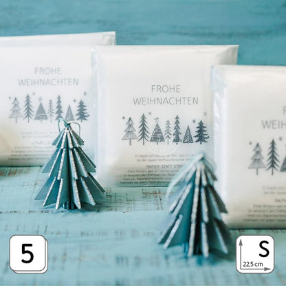 5 Stofftaschentücher, weiß, bio, Verpackungsmotiv Weihnachtstannen mit Wintermärchen