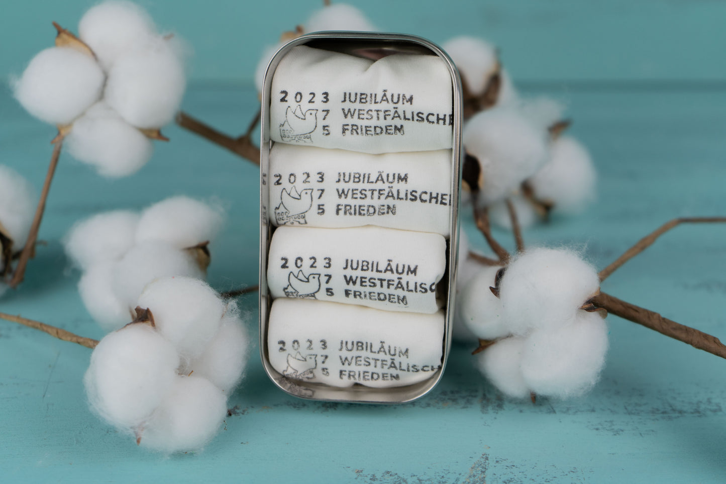 Stofftaschentücher HANDBEDRUCKT 4er Set,  Motiv 375 Jahre Westfälischer Frieden  Bio-Baumwolle in Edelstahl Tiny Box für DIY Feuchttücher
