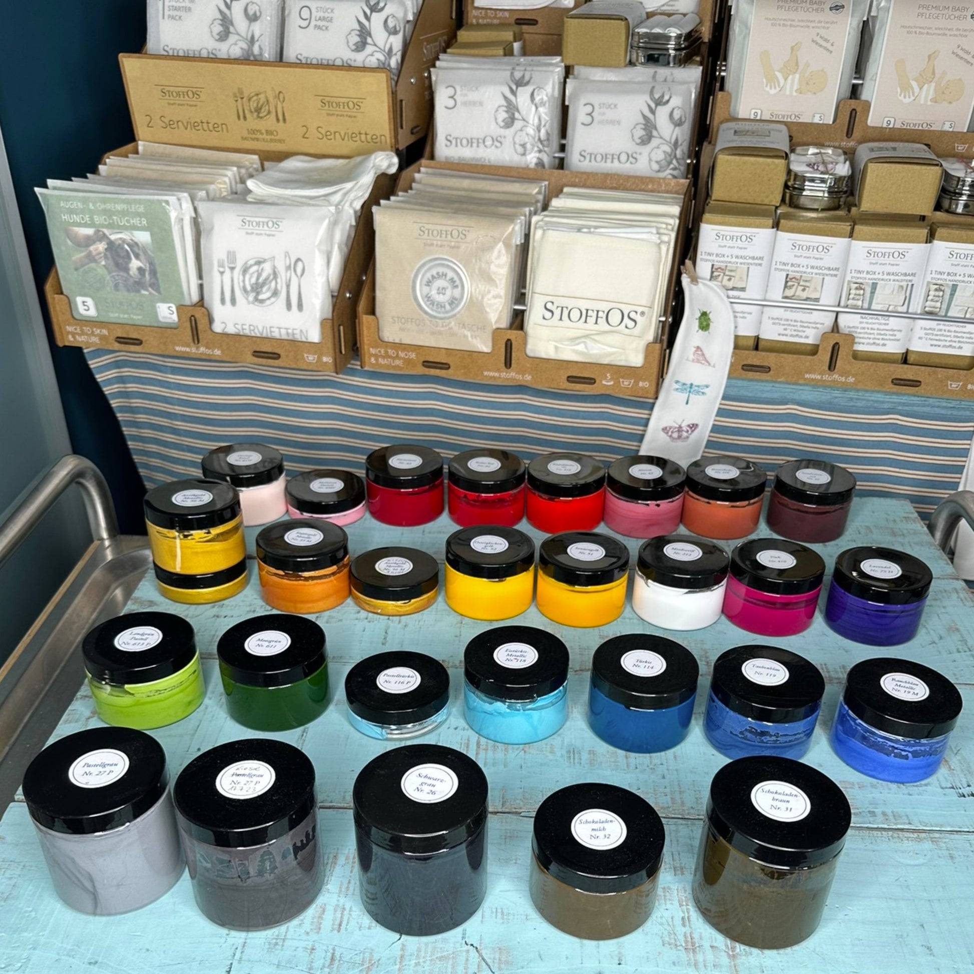 Töpfe mit FArben zum Bedrucken der toffOS von Blauweißchen