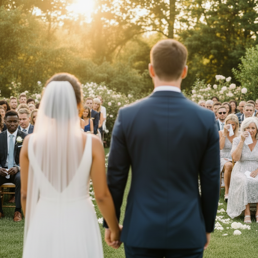 Mit Stofftaschentüchern trocknen sich die Gäste einer Hochzeit die Freudentränen, nach dem Motto Stoff statt Papier.