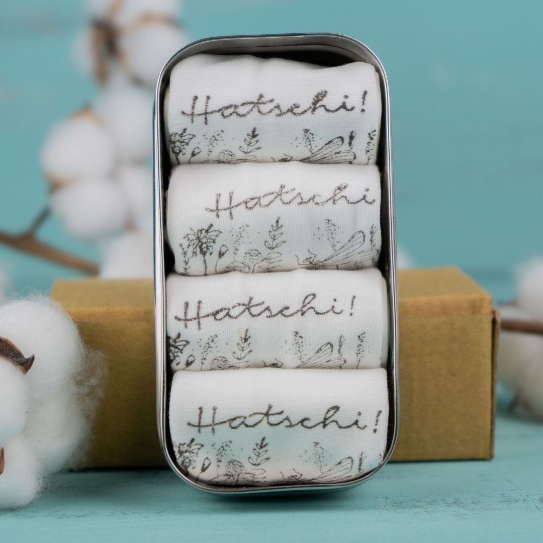 Stofftaschentücher handbedruckt  4er Tiny Box Motiv HATSCHI BioBaumwolle für DIY Feuchttücher