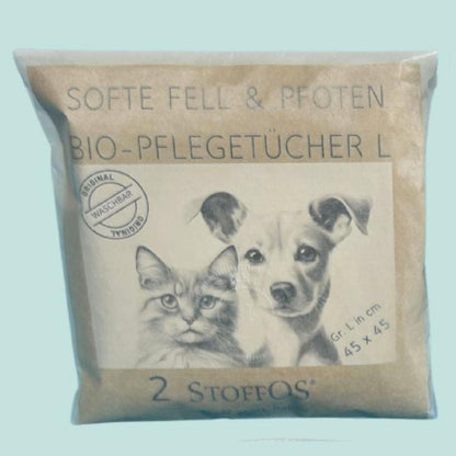 Verpackung für 2er PAck Tierpflegetücher Größe L 45 x 45 cm, auf der Verapckung sind ein gezeichnter Hundekopf und ein Katzenkopf in schwarz weiß zu sehen