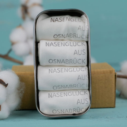 Stofftaschentücher handbedruckt  4er Set,  Motiv NASENGLÜCK AUS OSNABRÜCK  BioBaumwolle in Edelstahl Tiny Box für DIY Feuchttücher