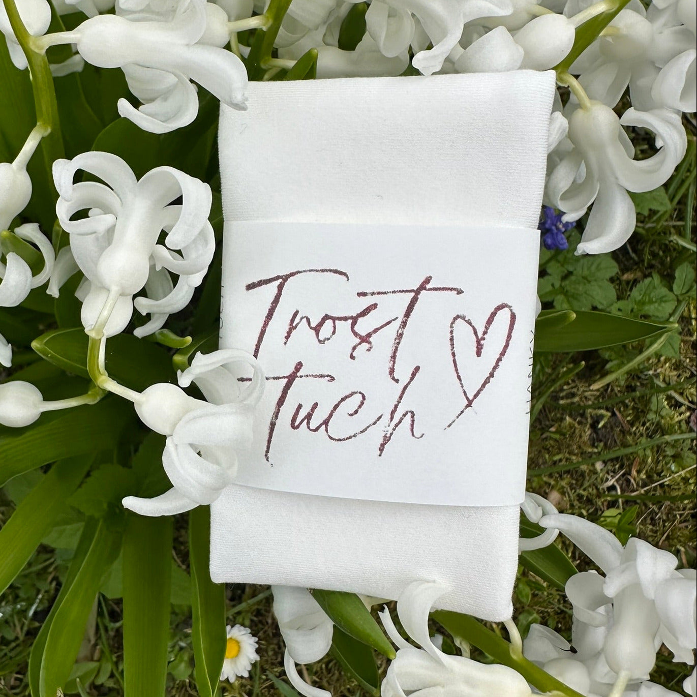 Trost Tuch Stofftaschentuch hochformat gefaltet und mit Papierbanderole umwickelt.
