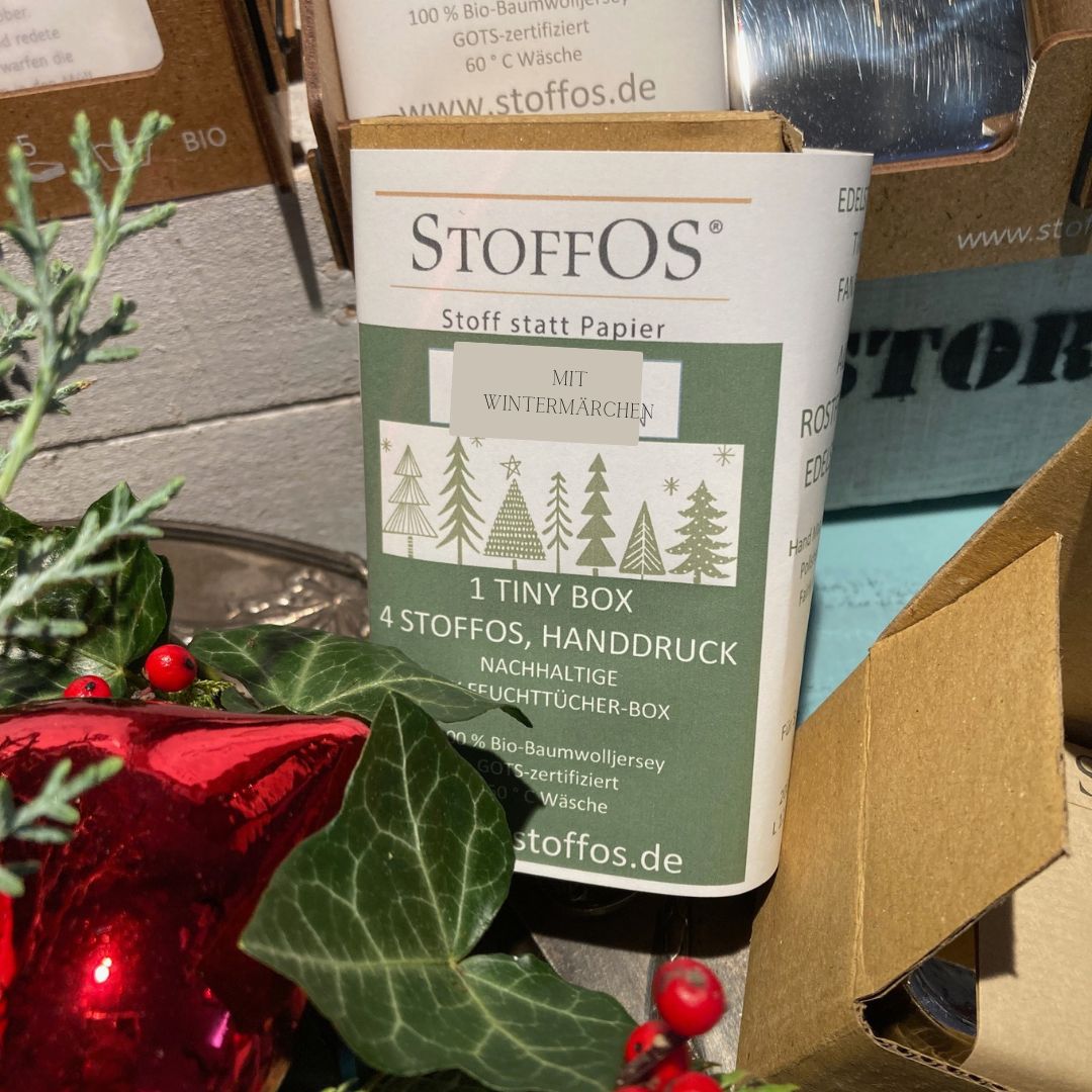 4 hand-printed StoffOS motif winter firs in a stainless steel Tiny Box