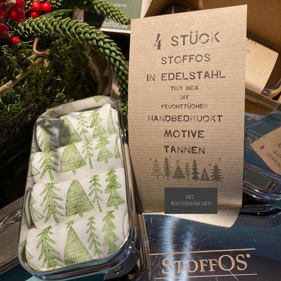 4 hand-printed StoffOS motif winter firs in a stainless steel Tiny Box